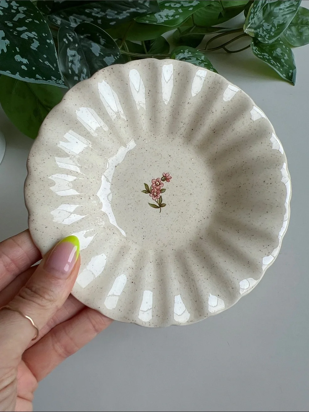 Vintage Speckled Floral Ceramic Trinket Jewelry Dish Decor